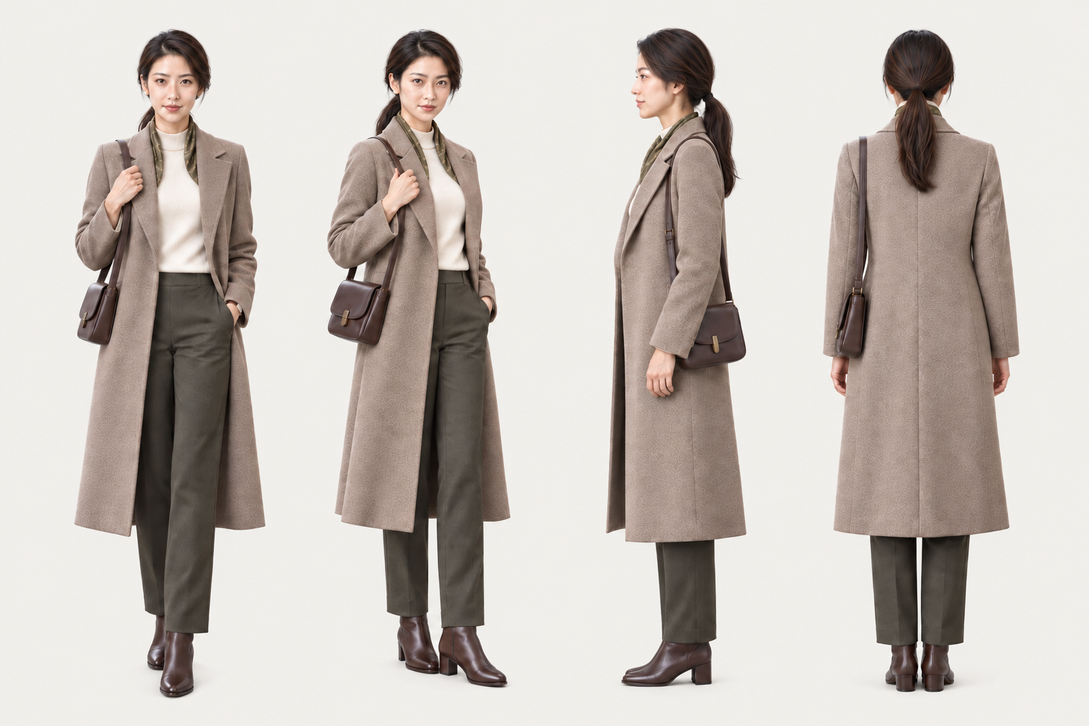 Field Report 造型：Elaine 正面、侧面、背面和正面持包姿势拼版