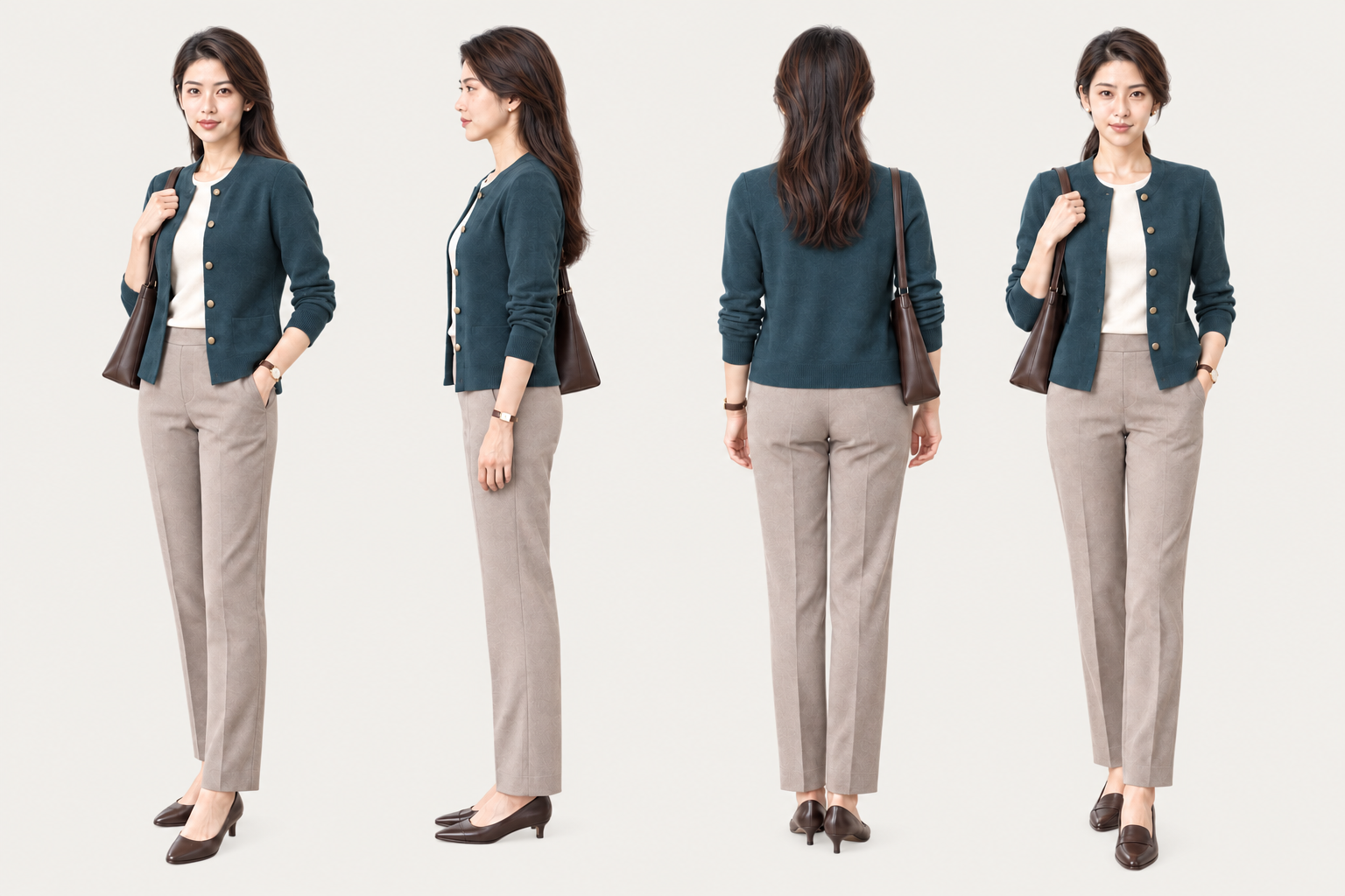 Smart Casual 造型：Elaine 正面、侧面、背面及修订版正面拼版